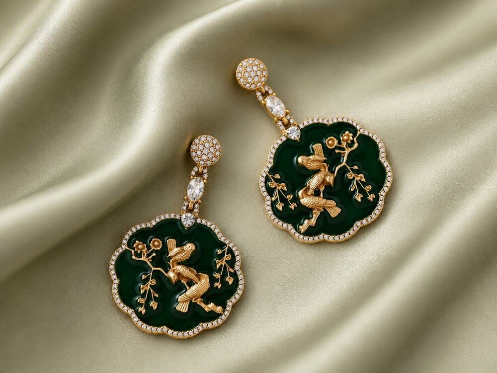 Medieval Bird Earrings Flower VTG Court Art Museum Gold Antique CZ Boho Branch